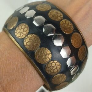 Rare Vintage Textured Shiny Silver Stud Brass & Black Edgy Boho Dome Bangle